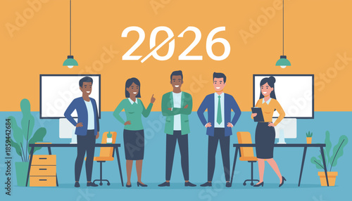 Professional team planning goals for 2026 Future business strategy and workplace illustration