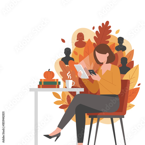 Woman networking on devices in a cozy fall office Remote work social media or virtual team concept