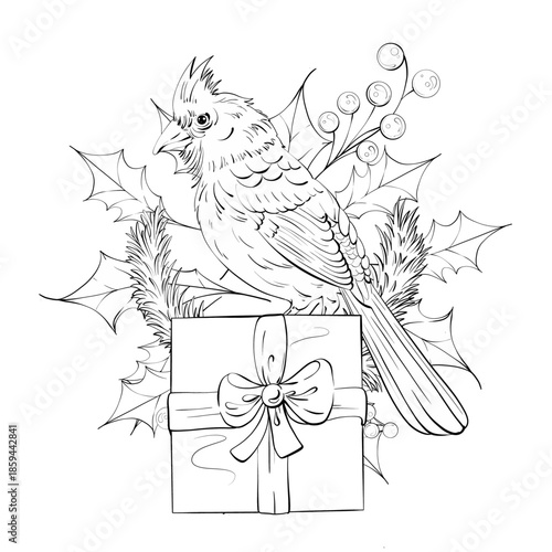 Cardinal Bird on a Gift Box Surrounded by Holly and Berries Festive Intricate and Cheerful Design Perfect for Holiday Celebrations and Coloring Activities