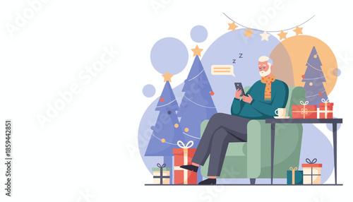 Tired senior man texting on smartphone during Christmas surrounded by gifts and festive decor