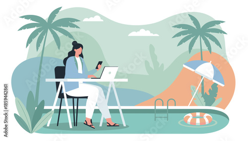 Woman working remotely by a tropical swimming pool Digital nomad concept for flexible work and lifestyle