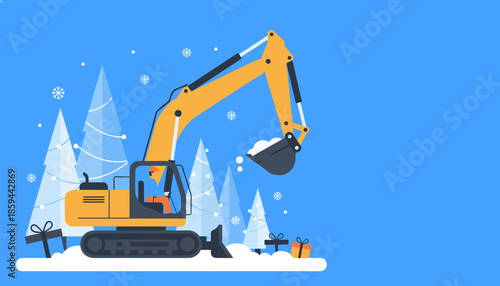 Yellow excavator clearing snow in a winter scene with Christmas trees and gifts Construction holiday concept