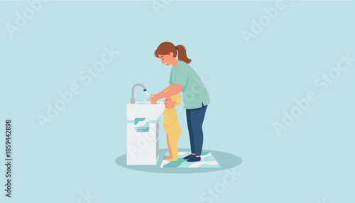 Caregiver helping little child wash hands at sink Hygiene health and parenting lesson