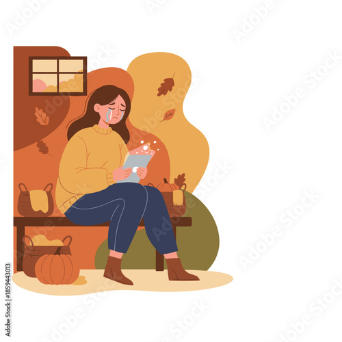 Sad woman crying while looking at a tablet screen in a warm autumnal setting depicting loneliness