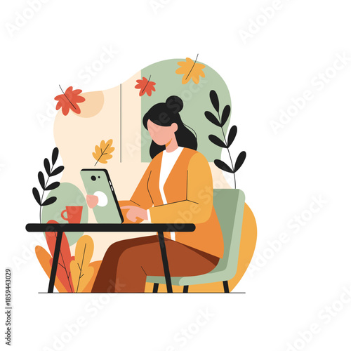 Woman working remotely on a tablet in a cozy autumnthemed setting Freelance study tech lifestyle