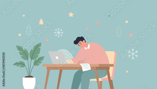 Overworked man feels seasonal depression while working on laptop during the winter holidays