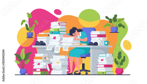 Stressed worker asleep on her desk overwhelmed by huge stacks of paperwork and office files