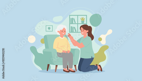 Professional caregiver helps senior woman with glasses in a comfortable home setting