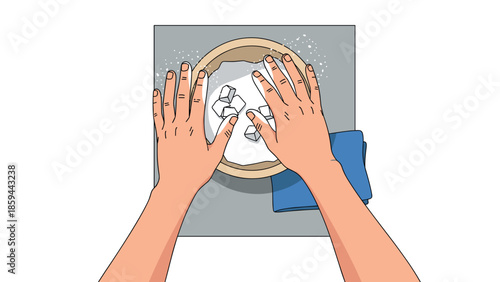 Person kneading dough with flour and towel in kitchen top view