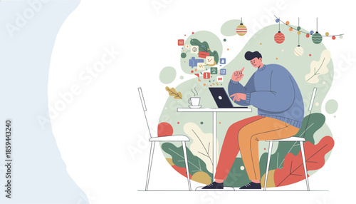 Man overwhelmed by digital notifications and social media while working remotely on his laptop