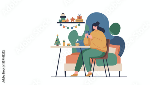 Cozy winter holidays Woman uses her smartphone near Christmas decorations and a hot drink