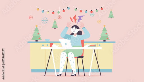 Angry woman stressed working on laptop during holiday season Christmas burnout