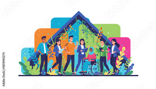 Diverse inclusive team under a stylized shelter symbolizing community equity and collaboration