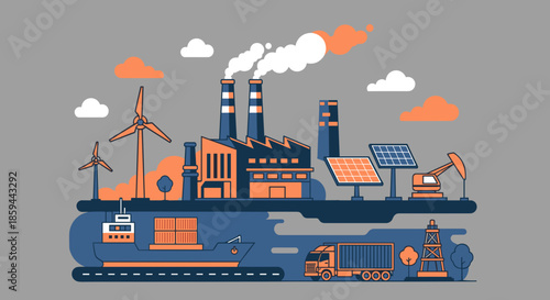 Industrial landscape showing factory emissions renewable energy wind solar oil extraction and global transport