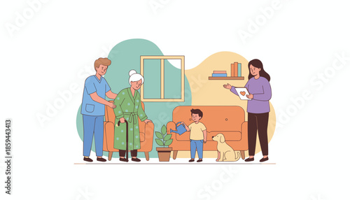 Caregiver assisting senior woman at home with family and dog support