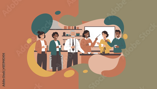 Diverse business team taking a coffee break in the office kitchen enjoying informal discussion and collaboration