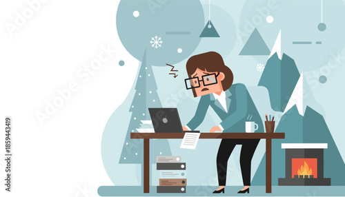 Frustrated businesswoman works through burnout in a snowy winter office illustration