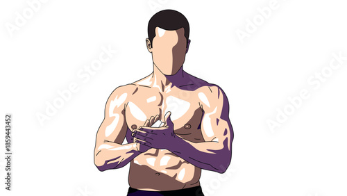 Athletic poster art of muscular bodybuilder with clasped hands in pop art style