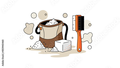 Cleaning supplies with soap, bucket, and brush in minimalist design