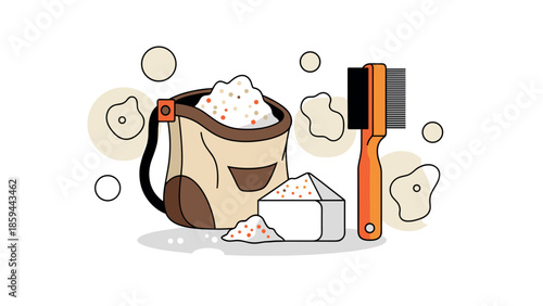 Linear grooming tools and supplies for pet care with comb and powder bag