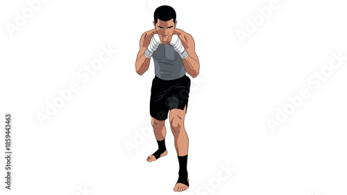 Male fighter in ready stance wearing boxing wraps and shorts