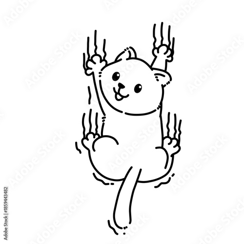 Cute cartoon cat climbing upward with playful motion, simple black line art illustration, kawaii style, minimal monochrome design perfect for stickers and children themes.