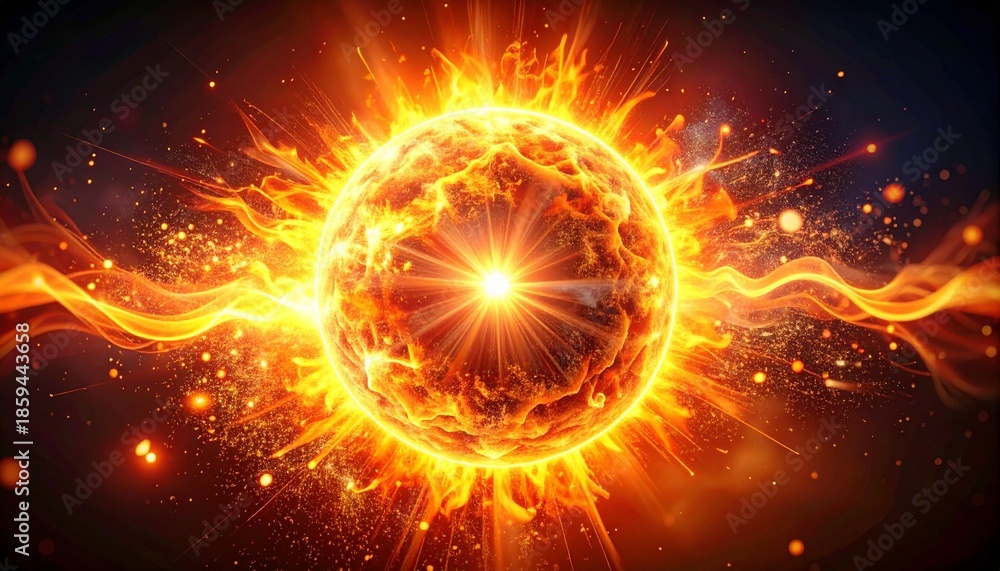 Fototapeta premium Fiery solar body radiates intense light and plasma waves through dark space.