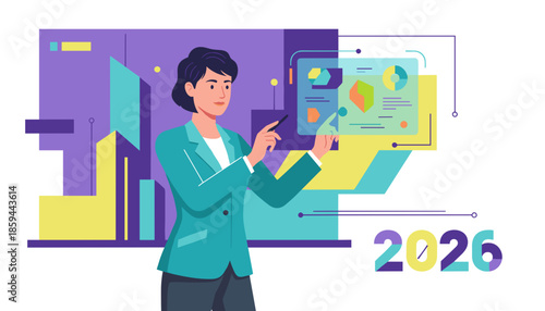 Professional woman analyzing 2026 strategy data on a virtual screen Business visualization