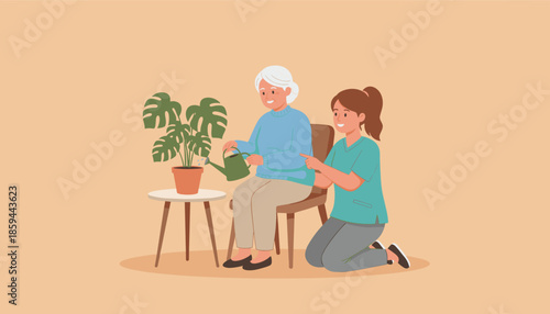 Caregiver helps happy senior woman water a Monstera plant Assisted living and elderly home health care