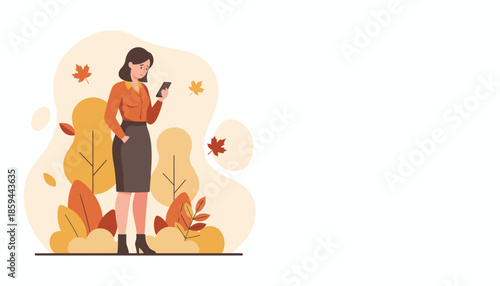 Businesswoman looking concerned at smartphone in autumn nature setting Sad news or mobile tech