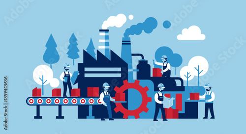 Workers handle production goods on a factory conveyor belt Industrial manufacturing and supply chain