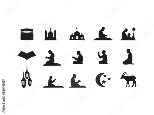 A collection of black silhouettes depicting Islamic architecture, prayer, and religious symbols on a white background.