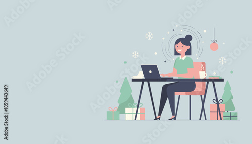 Woman working on a laptop at a festive winter desk with gifts Seasonal business illustration