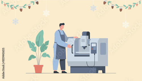 Manufacturing worker operates a CNC machine in a festive factory setting Industry automation concept