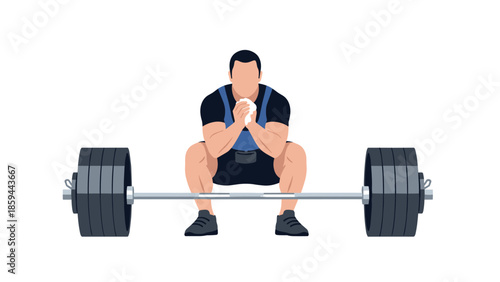 Minimalist style weightlifter squatting with barbell on white background