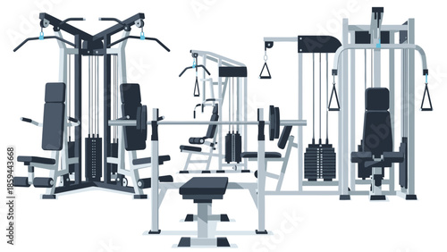 Modern gym equipment collection with weightlifting and strength training machines