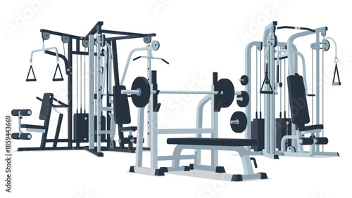 Modern gym equipment set with various exercise machines in minimalist style