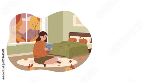 Depressed woman uses tablet in an autumnal bedroom illustrating loneliness or digital distress