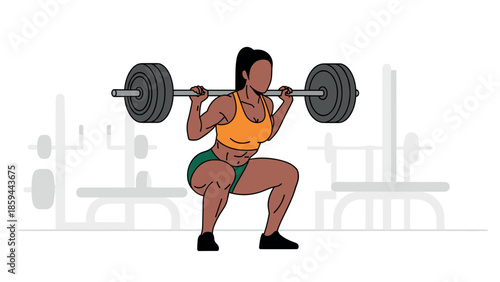 Powerlifting woman performing barbell squat in gym