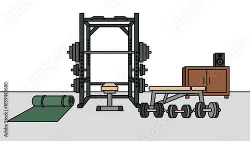 Home gym setup with dumbbells, weights, and fitness equipment