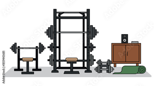 Home gym setup with fitness equipment including weight rack, dumbbells, and bench in flat style