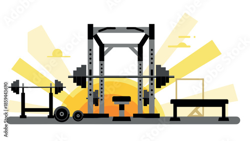Modern gym equipment with sunrise background in flat design