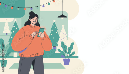 Angry woman receives urgent notification on her phone during the stressful holiday season Vector illustration