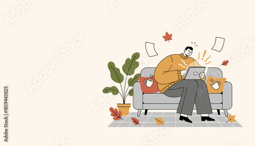 Man frustrated with tablet issues while remote working on a cozy couch in autumn
