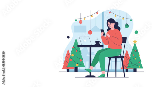 Annoyed woman using a smartphone while working remotely in a festive Christmas cafe environment
