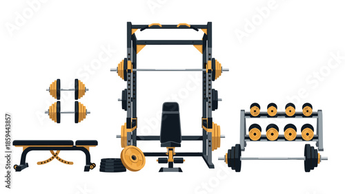 Modern gym equipment: dumbbells, bench, and squat rack in sleek design