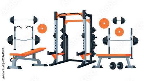Modern gym equipment set: power rack, benches, barbells, and dumbbells