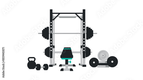 Flat gym equipment set with bench press, dumbbells, and weights