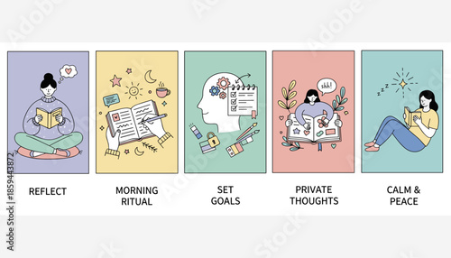 Cute illustration set of selfcare habits reading journaling planning and mental peace concepts