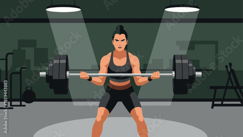 Female athlete lifting weights in modern gym with flat design